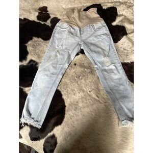 Blue Savvy Maternity Jeans XL Light Wash Distressed Frayed Hem Full Panel